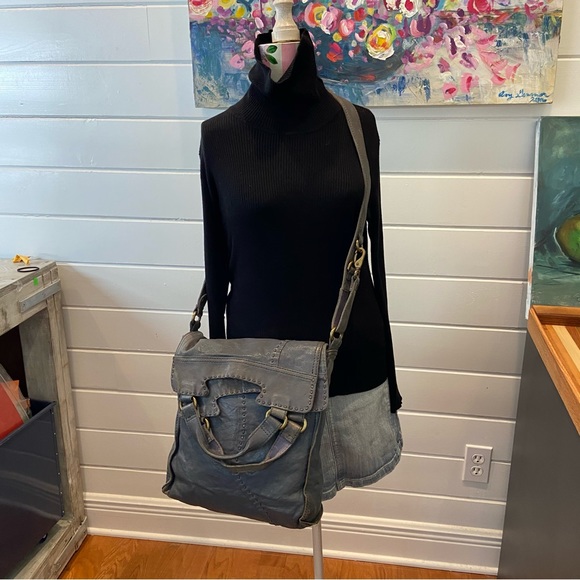 Lucky Brand Abbey Road Foldover Hobo Crossbody Messenger Bag Denim Gray Blue - Picture 8 of 11